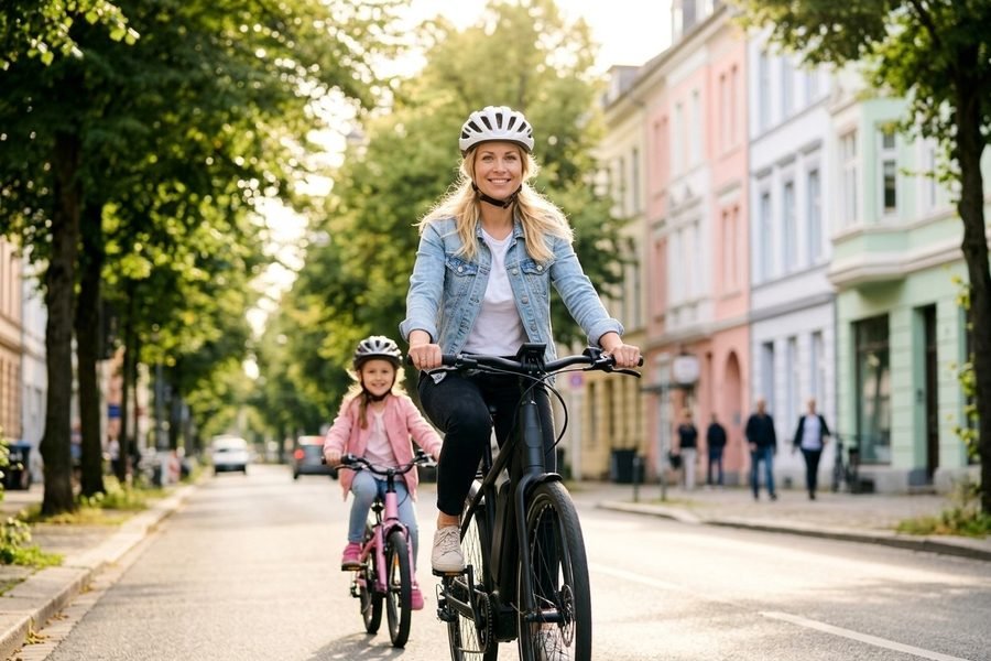 A smiling woman in a helmet rides an electric city bike, followed by a young girl on a bicycle (AI-generated image)